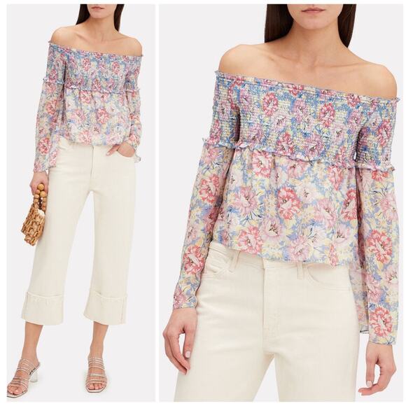 INTERMIX Tops - INTERMIX Lucy Silk Off-the-Shoulder Smocked Floral Long Sleeve Top | Small
